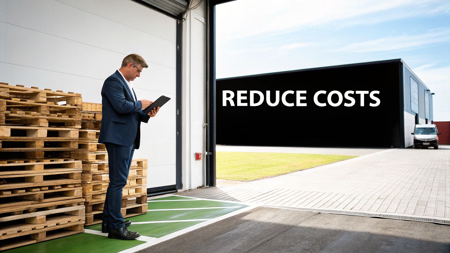 A brightly lit, modern warehouse with workers efficiently moving packages, illustrating an organized supply chain