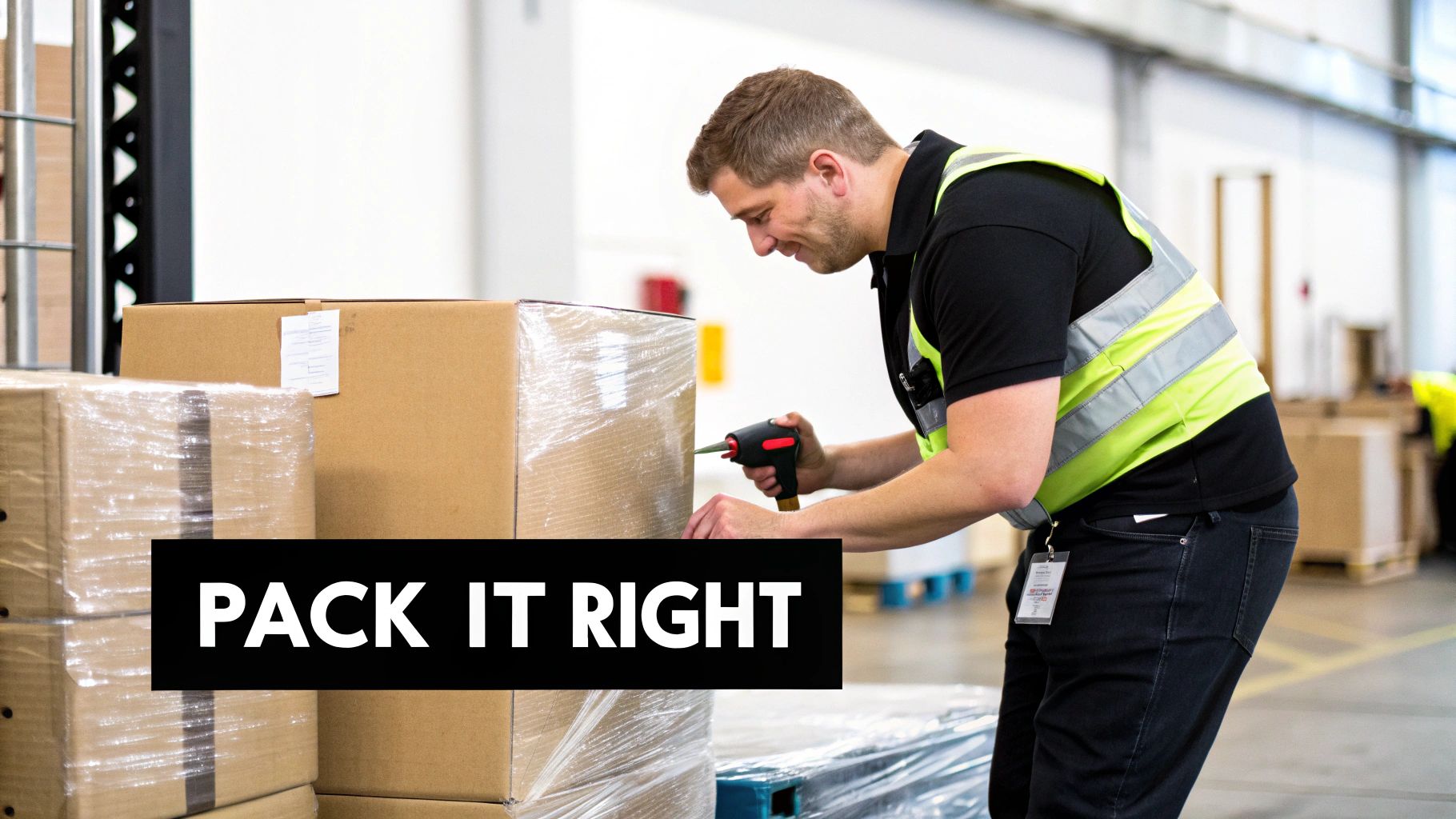A logistics worker securely wrapping a pallet of boxes.