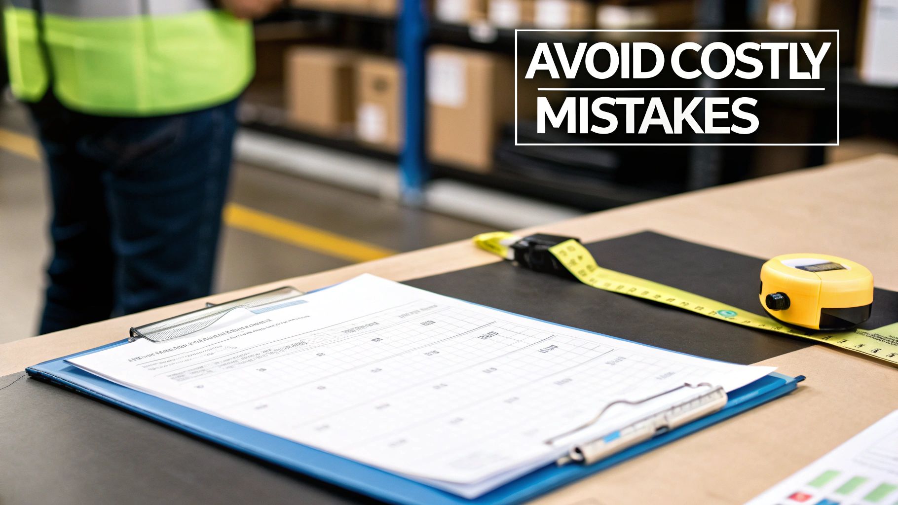 A person inspecting freight documentation on a clipboard in a warehouse
