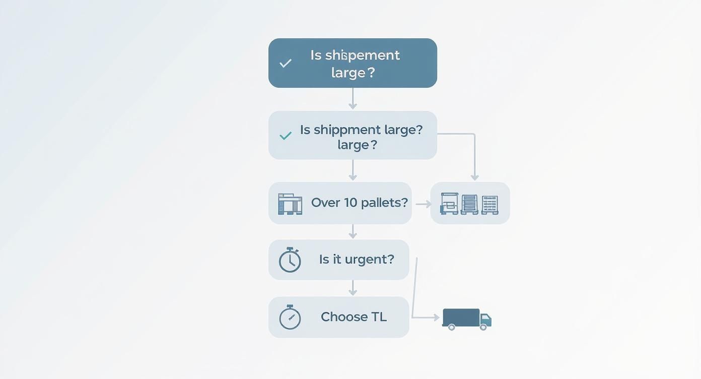 Infographic decision tree for choosing between TL and LTL shipping based on shipment size and urgency.