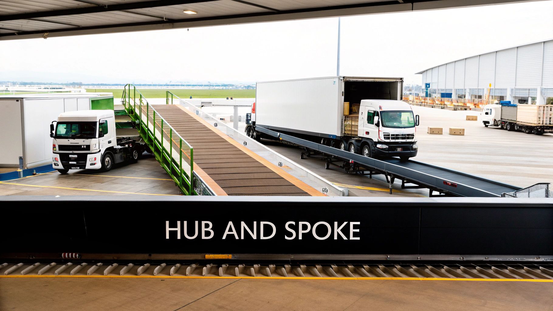 Multiple pallets being loaded onto a Less Than Truckload freight truck at a shipping terminal.