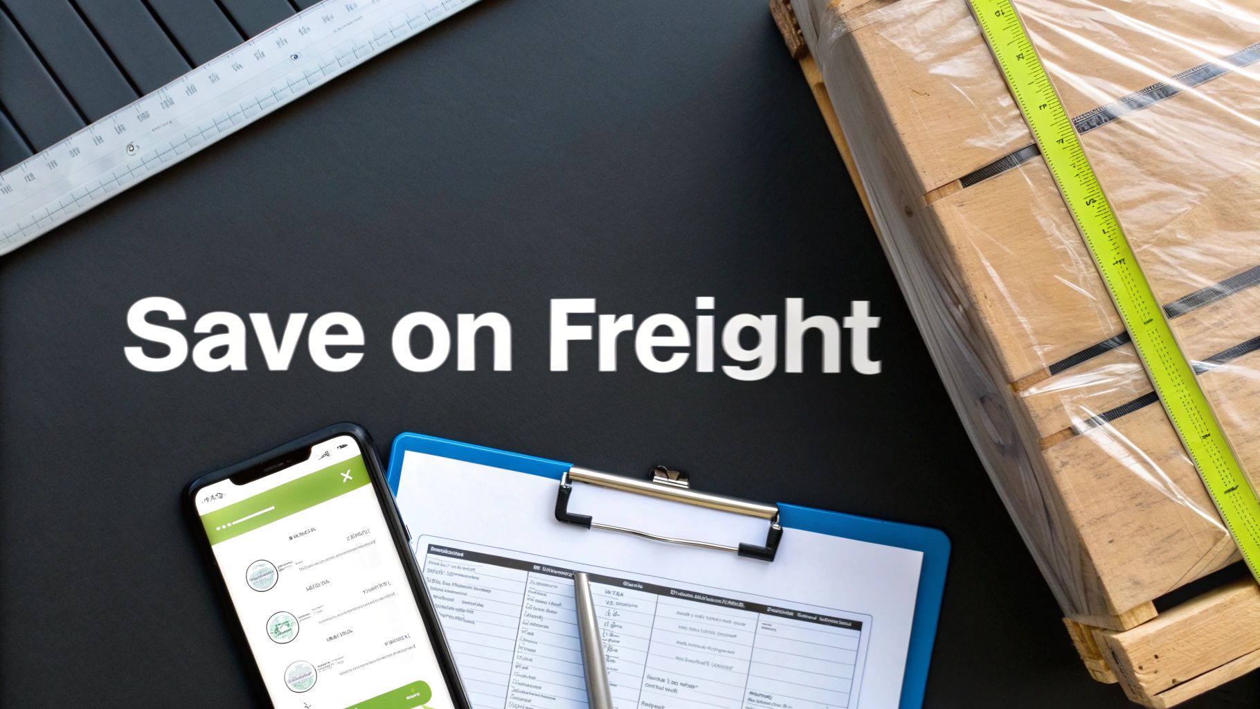 A warehouse worker carefully measures a pallet of goods, representing the accuracy needed to lower freight costs.