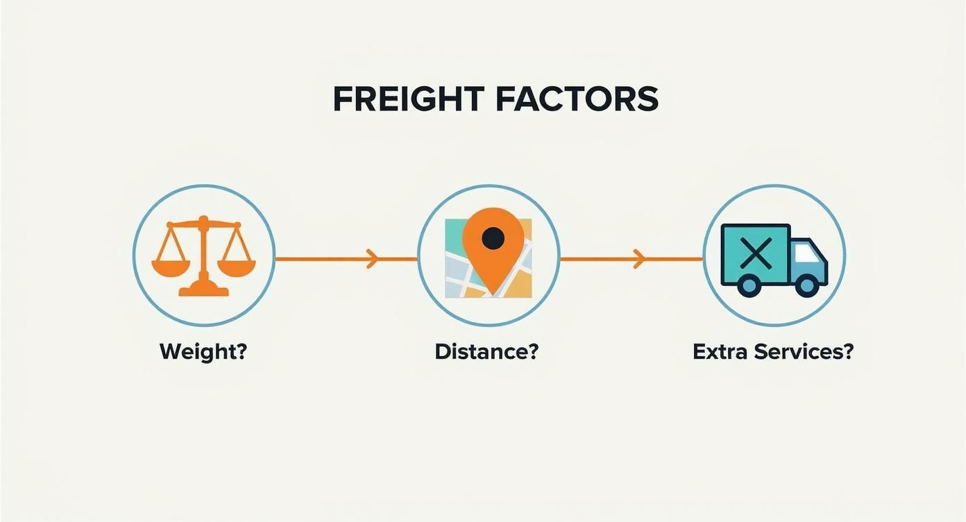 An infographic decision tree showing how shipment weight, distance, and extra services influence freight shipping choices.