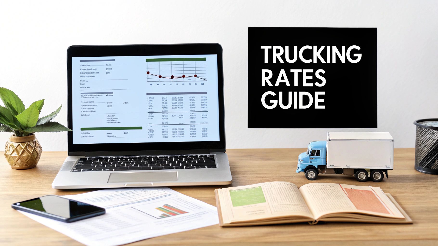 A fleet of semi-trucks on a highway, representing the freight rates trucking industry