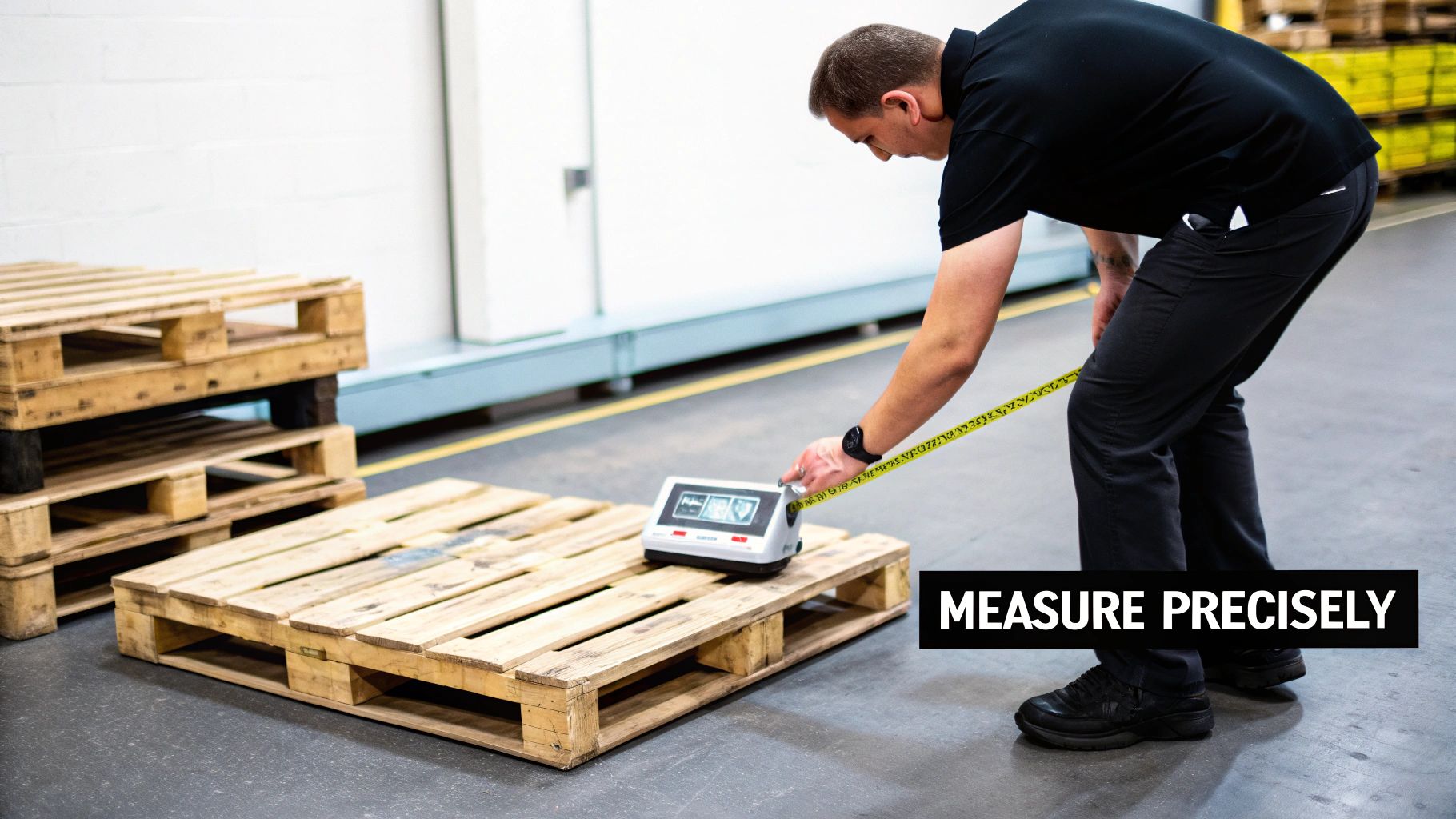 Pallets of different sizes and shapes stacked in a warehouse