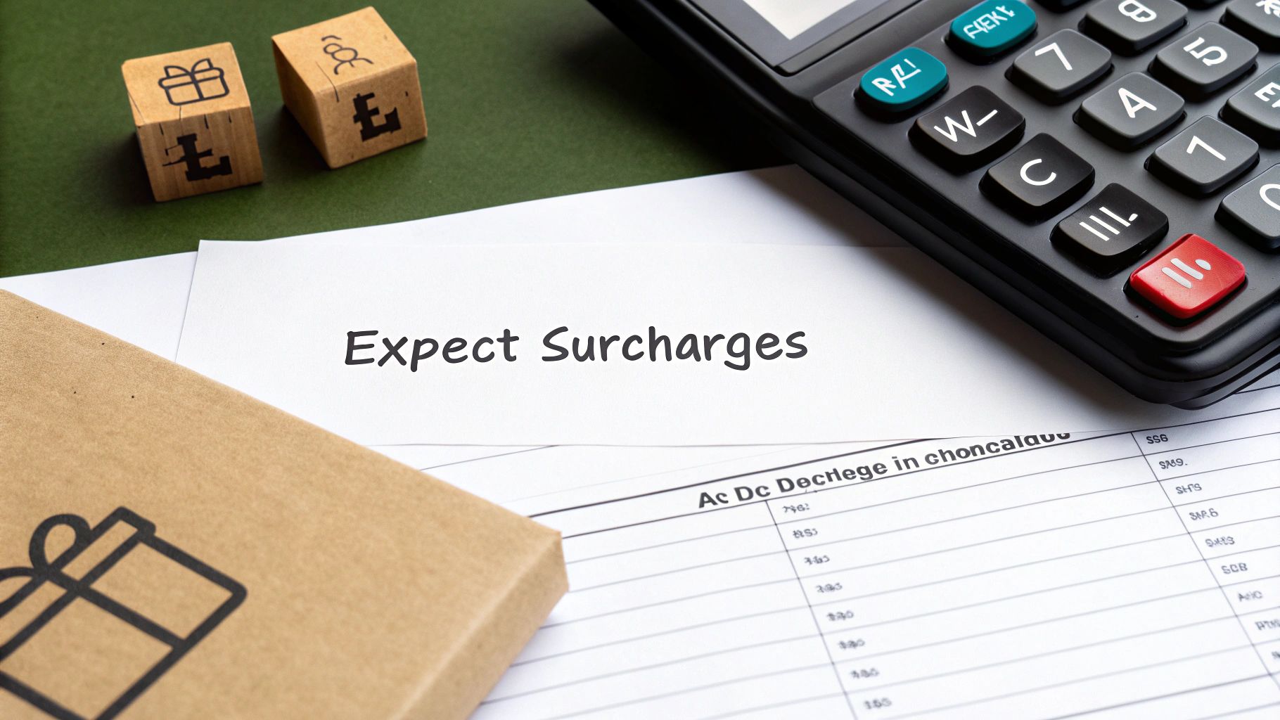 A person sitting at a desk with a laptop, looking thoughtful while reviewing freight charge documents.