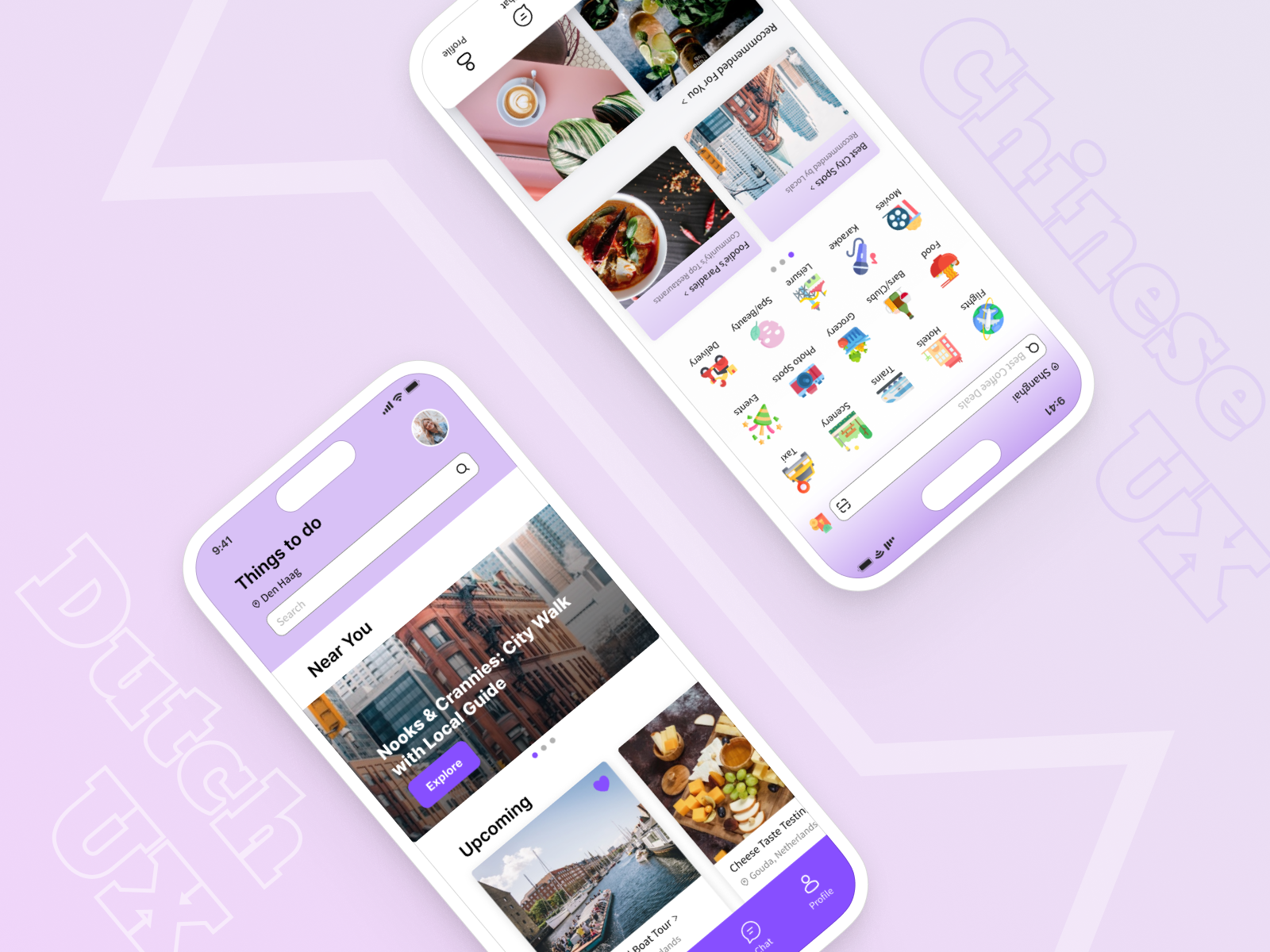 Two smartphones displaying a purple-themed app interface for local activities with sections for nearby events and recommended categories. One interface represents Dutch UX and the other represents Chinese UX.