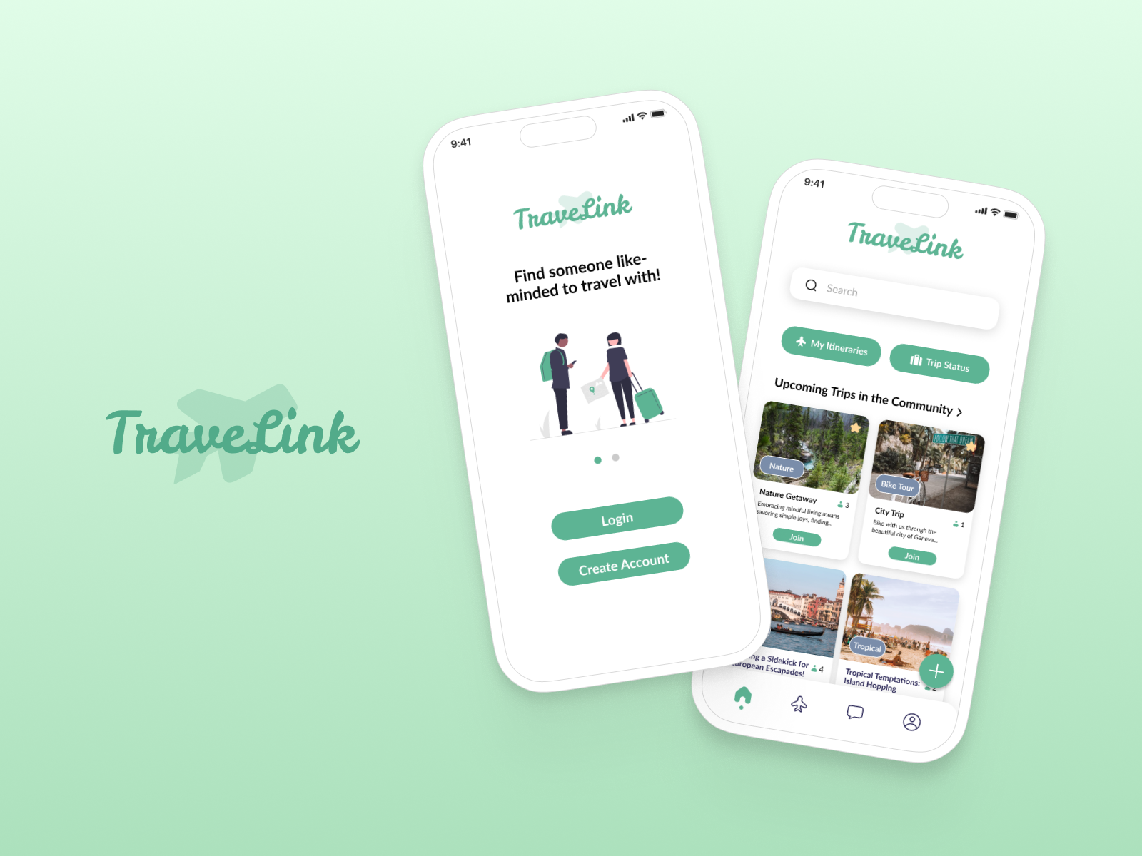 Two smartphones displaying the TraveLink app; one shows a login screen with a prompt to find travel companions, the other displays upcoming community trips with options to join.