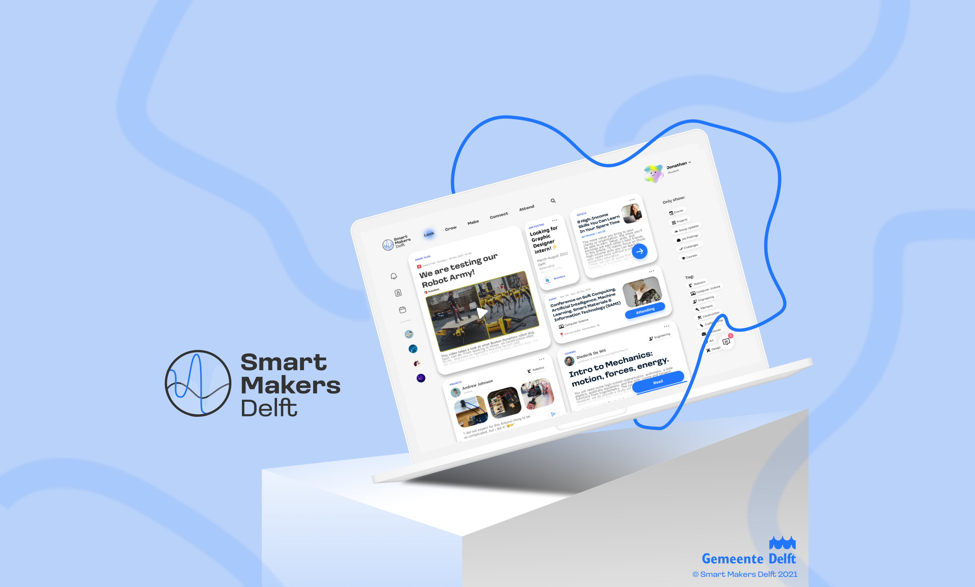 Laptop displaying the Smart Makers Delft platform interface with project and event cards, placed on a white pedestal against a blue background with the Smart Makers Delft logo.