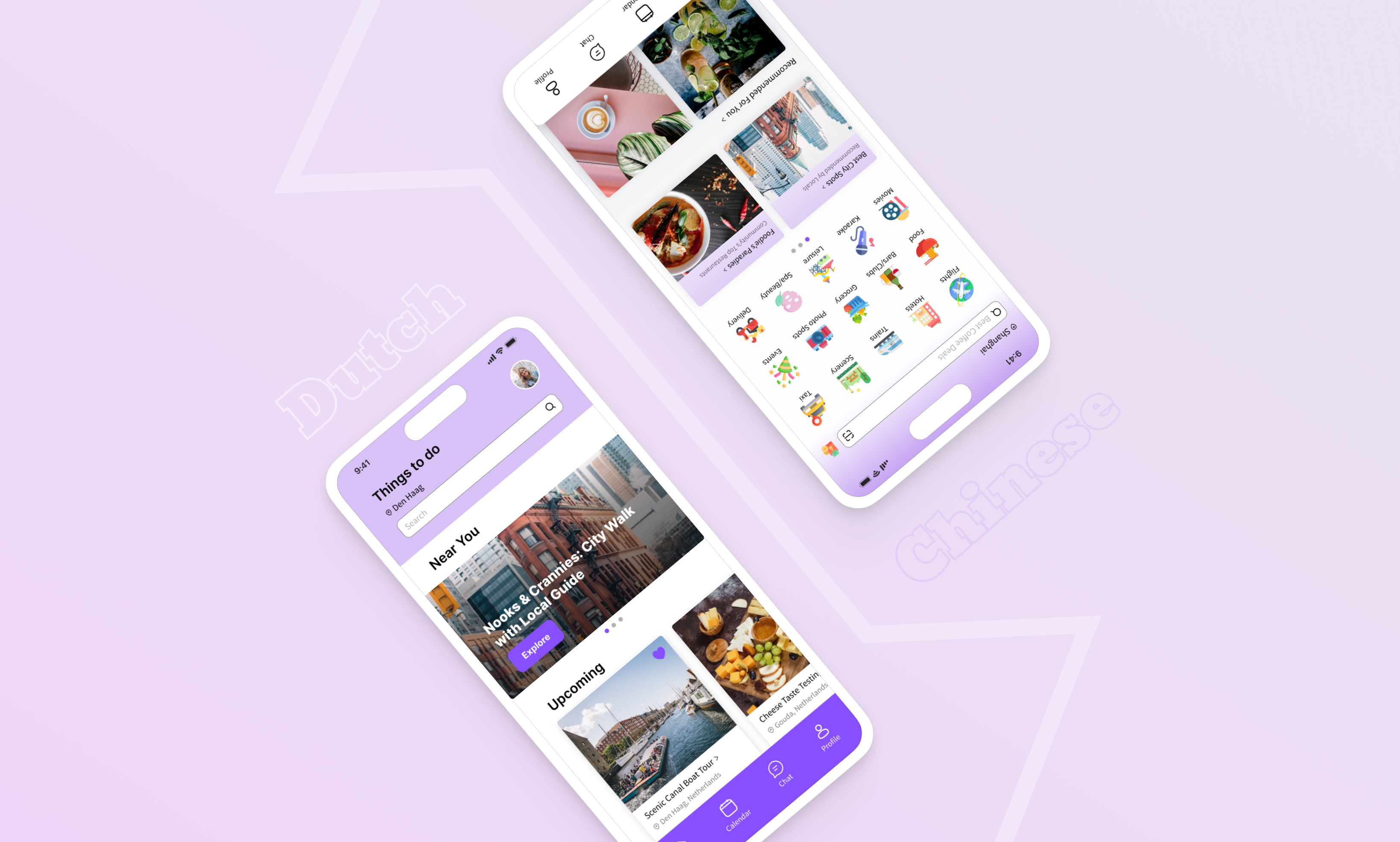 Two smartphones showing a purple-themed travel app with sections for 'Things to do' in Den Haag and category icons for dining, events, and activities.