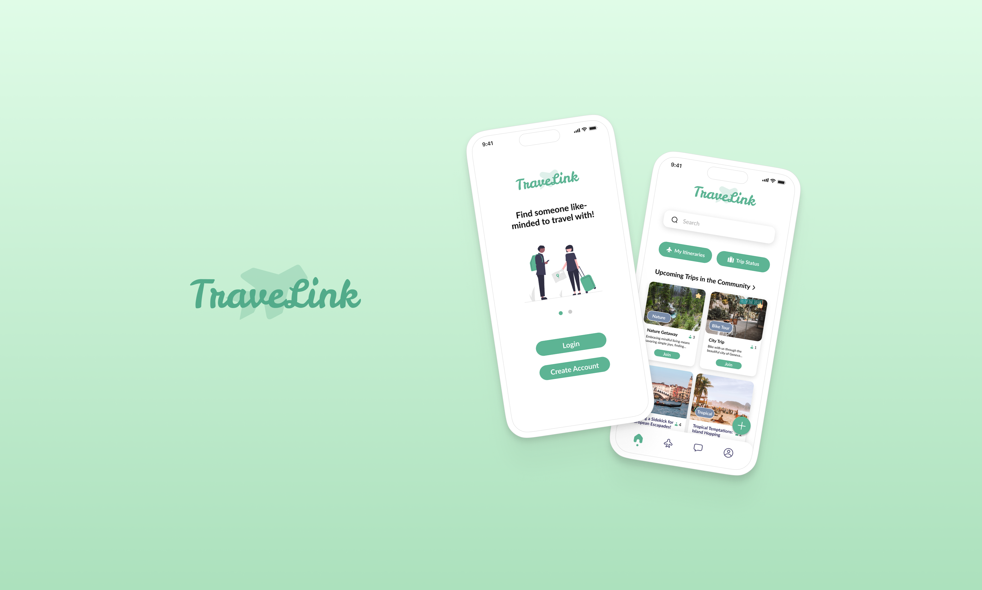 Two smartphone screens showing the TravelLink app with options to log in, create an account, and browse upcoming community trips.