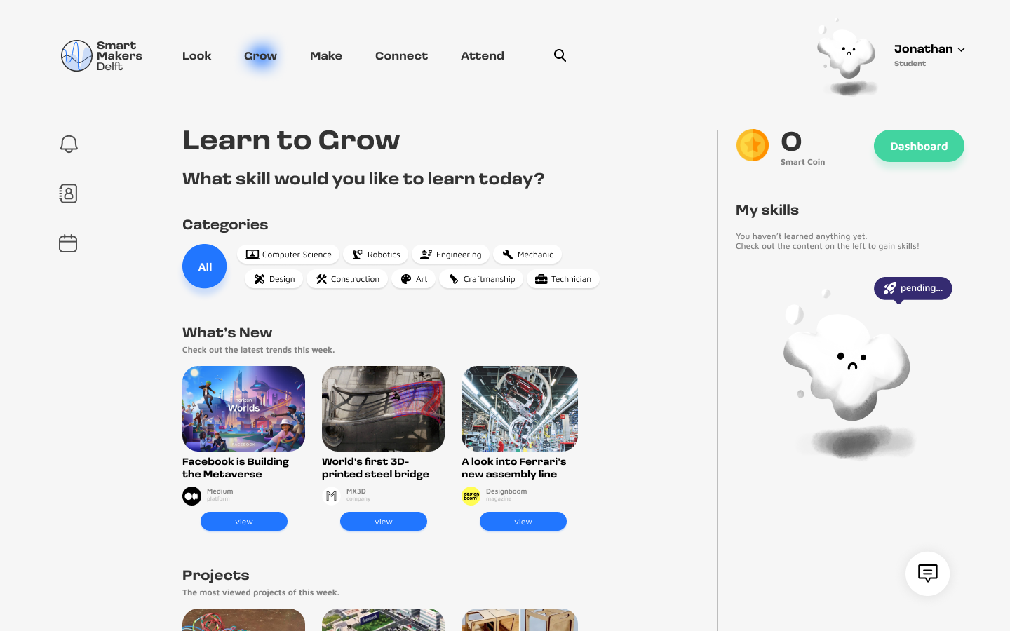 Learning platform dashboard titled Learn to Grow with categories for skills, news articles, projects, user info, and smart coin balance.