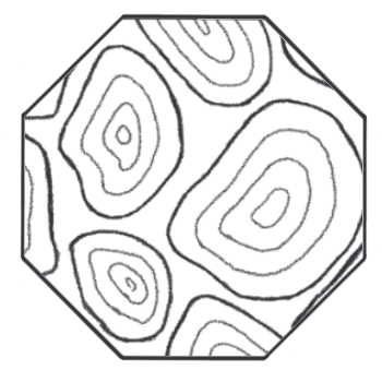 A image of a pattern. Black and white hexagon tile with abstract concentric circle patterns resembling tree rings.