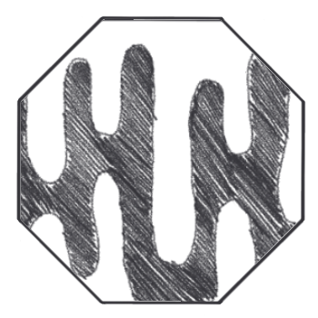 A image of a pattern. Black and white abstract pattern with irregular vertical shapes inside an octagonal frame.