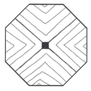 A image of a pattern. Octagonal white tile with a small black square in the center and symmetric black lines radiating outward in a geometric pattern.
