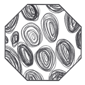 A image of a pattern. Black and gray abstract concentric oval shapes on a white background inside a hexagonal frame.