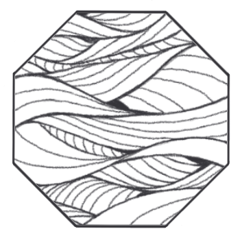 A image of a pattern. Black and white abstract pattern of flowing, curved lines creating wave-like shapes inside a hexagon.