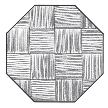 A image of a pattern. Octagonal tile with a pattern of alternating vertical and horizontal black lines on a white background arranged in a grid.