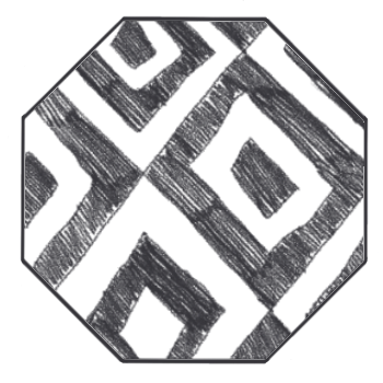 A image of a pattern. Black and white hand-drawn geometric pattern of overlapping diamonds inside a hexagon frame.