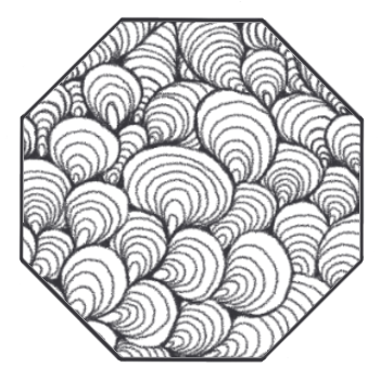 A image of a pattern. Black and white abstract pattern of overlapping rounded shapes with concentric lines inside.