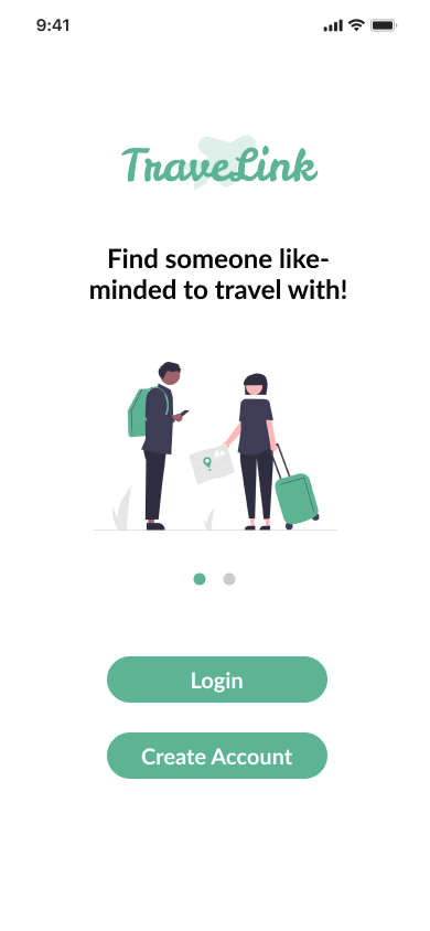 TravelLink app screen with two travelers, one holding a map and the other checking a phone, plus buttons to login or create account.