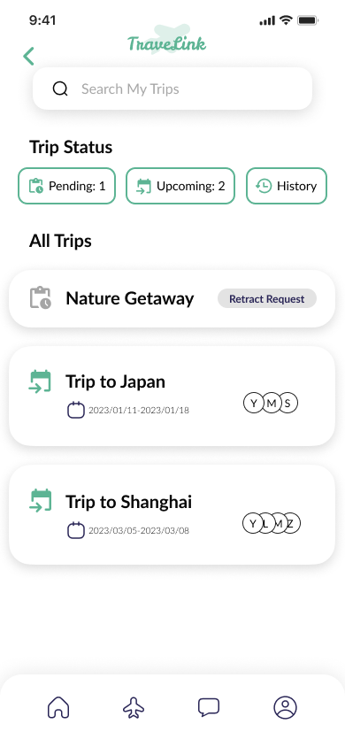 Mobile app screen showing TravelLink trip status with search bar, trip status filters for Pending, Upcoming, and History, and a list of trips including a pending Nature Getaway with retract request button, upcoming trips to Japan and Shanghai with dates and participant initials.