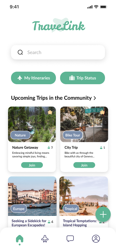TravelLink app interface showing search bar, buttons for My Itineraries and Trip Status, and upcoming community trips including Nature Getaway, City Trip, European escapade, and Tropical Island Hopping.