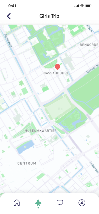 Map view on smartphone screen titled 'Girls Trip' showing a red location pin in Nassaubuurt, with nearby areas Museumkwartier and Centrum labeled.