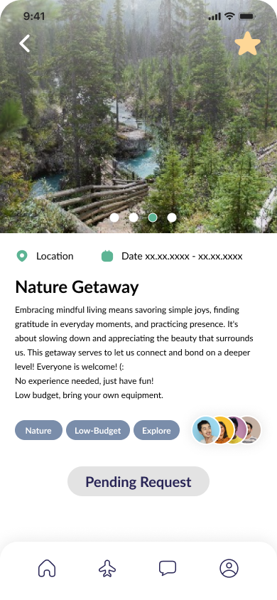 Trip Detail page with Forest scene with a wooden bridge over a blue river surrounded by tall pine trees.