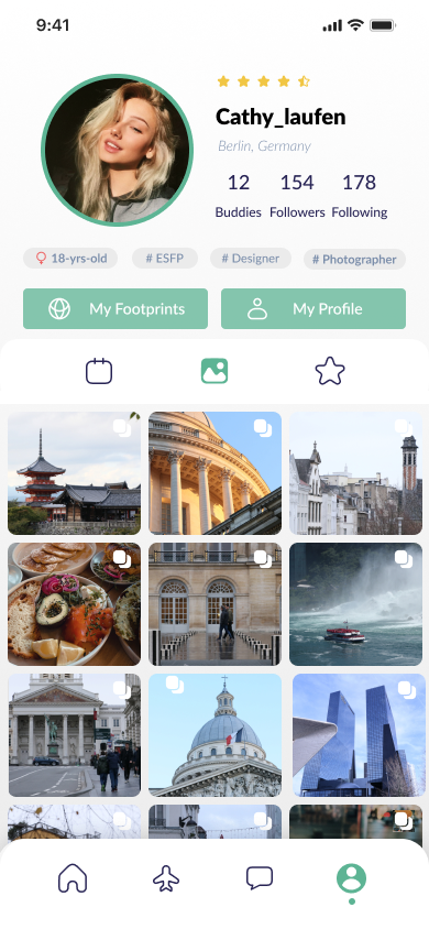 User profile screen showing Cathy_laufen from Berlin with 4.5-star rating, 12 buddies, 154 followers, 178 following, categorized as 18 years old, ESFP, designer, and photographer, and a grid of travel and city photos.