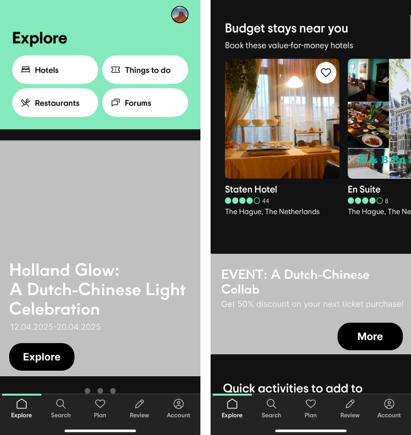 Mobile app interface showing Explore section with buttons for Hotels, Things to do, Restaurants, and Forums; A Holland Glow event announcement; and a list of budget hotels in The Hague with images and ratings.