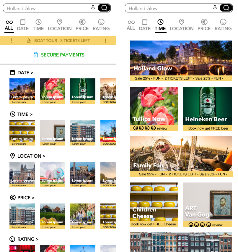 Side-by-side screenshots of an app showing search filters and event promotions including Holland Glow, Tulips, Heineken Beer, Family Fun, Children Cheese, and ART Van Gogh.
