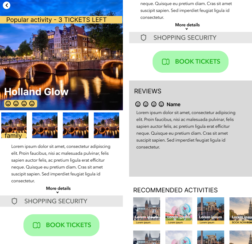 Side-by-side screenshots of an app showing search filters and event promotions including Holland Glow, Tulips, Heineken Beer, Family Fun, Children Cheese, and ART Van Gogh.