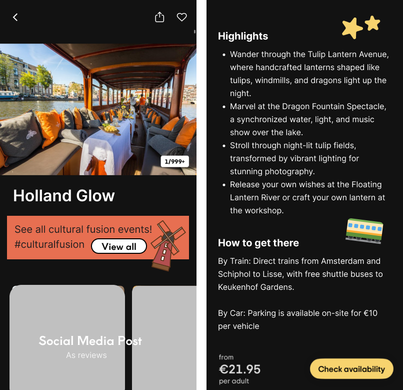 Mobile app interface showing Explore section with buttons for Hotels, Things to do, Restaurants, and Forums; A Holland Glow event announcement; and a list of budget hotels in The Hague with images and ratings.