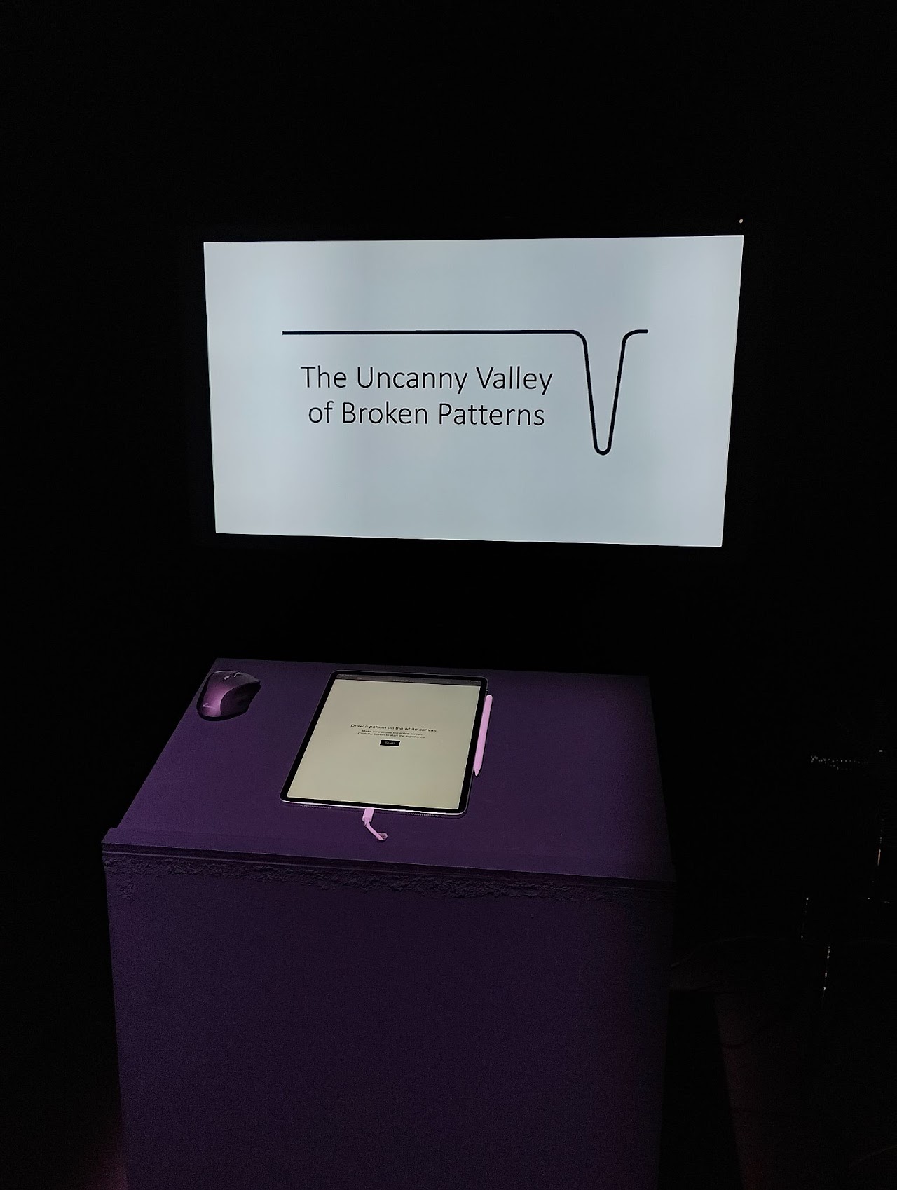 Tablet and stylus on a purple pedestal with a mouse, below a screen displaying 'The Uncanny Valley of Broken Patterns' and a valley-shaped line graph.