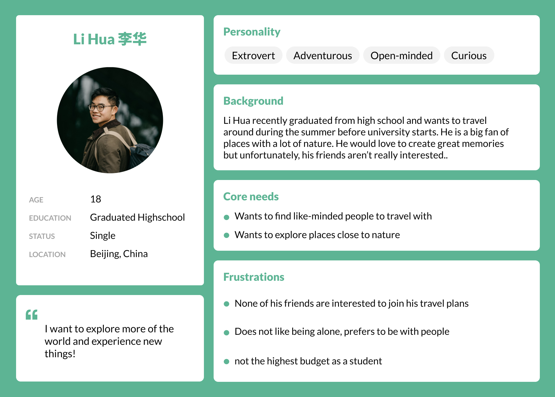 User persona profile of Li Hua, 18, single high school graduate from Beijing, China, with traits extrovert, adventurous, open-minded, and curious, seeking travel companions to explore nature on a budget.