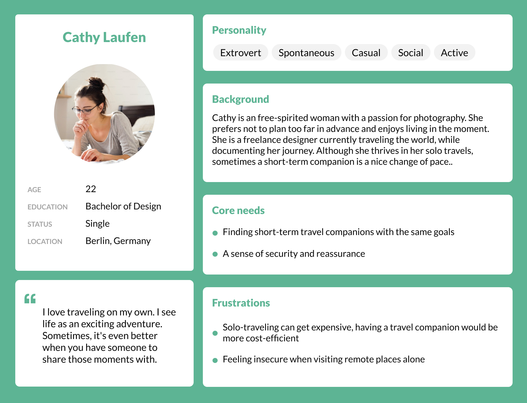 Persona Profile of Cathy Laufen, a 22-year-old freelance designer from Berlin with a passion for photography, extroverted and spontaneous, highlighting her core needs for travel companions and sense of security, with a photo of a young woman with glasses and dark hair tied in a bun, focused on writing.