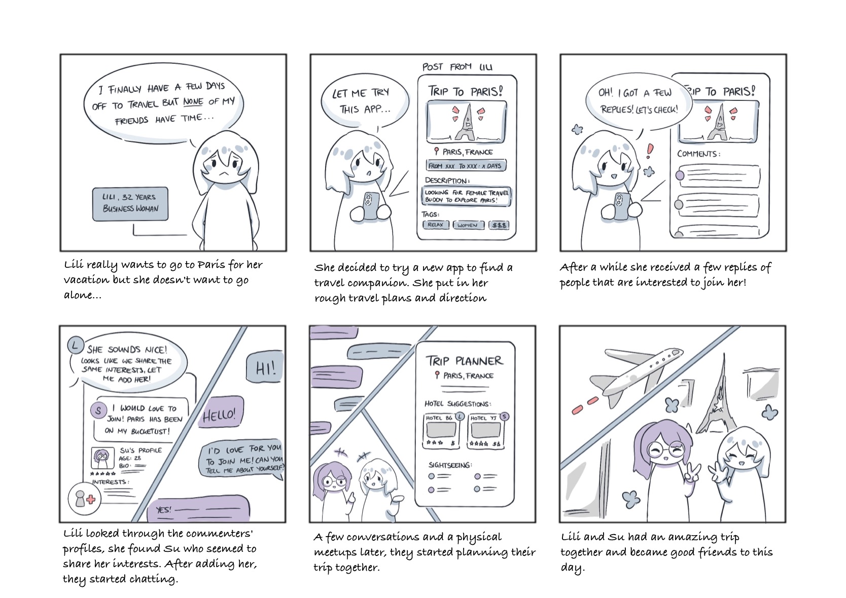 Comic strip showing Lili, a businesswoman, using a travel companion app to find a travel buddy for Paris; she chats with Su, plans the trip, and they become friends.