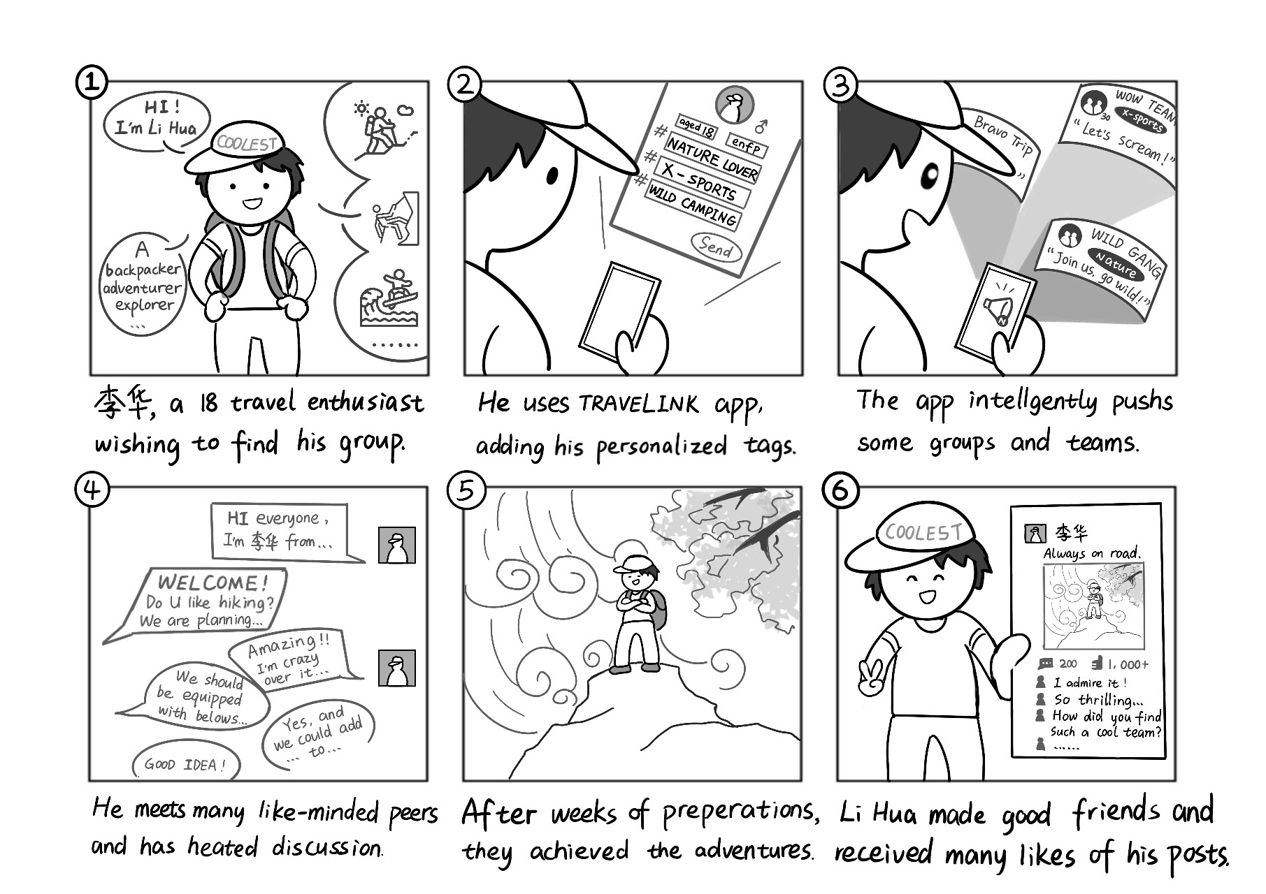 Storyboard comic showing Li Hua, an 18-year-old travel enthusiast using the TRAVELINK app to find and join adventure groups, meet like-minded peers, prepare for trips, and receive likes on his travel posts.