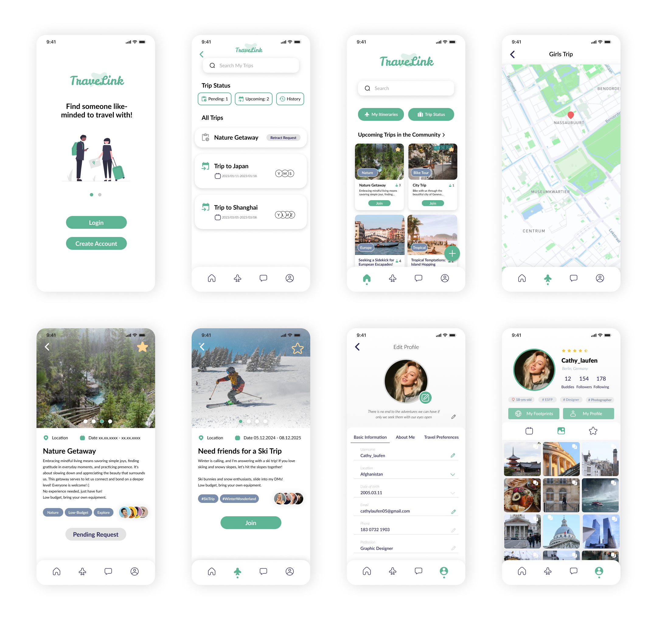 Eight TravelLink app screens showing login, trip listings, community trips, map, trip details, ski trip invitation, profile editing, and user profile with travel photos.