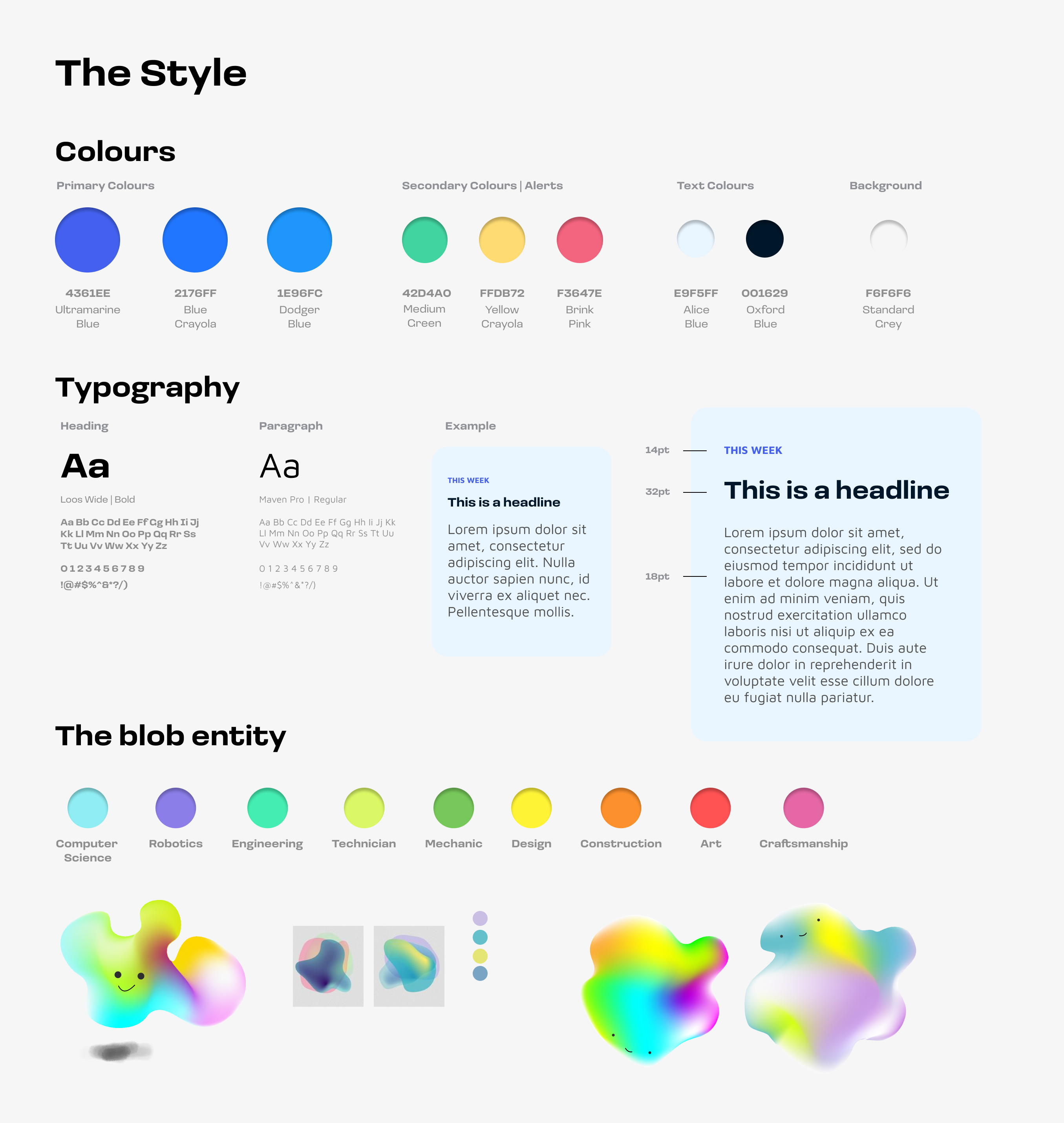 Style guide displaying color swatches for primary, secondary, text, and background colors, typography examples for headings and paragraphs, and colorful blob designs labeled by disciplines like computer science and art.