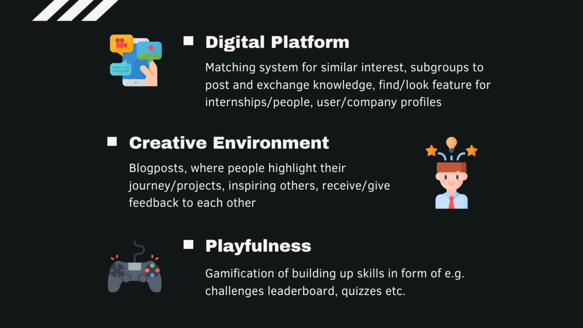 Three design directions listed: Digital Platform with a smartphone and social media icons; Creative Environment featuring a person with stars and a lightbulb above their head; Playfulness with a video game controller icon.