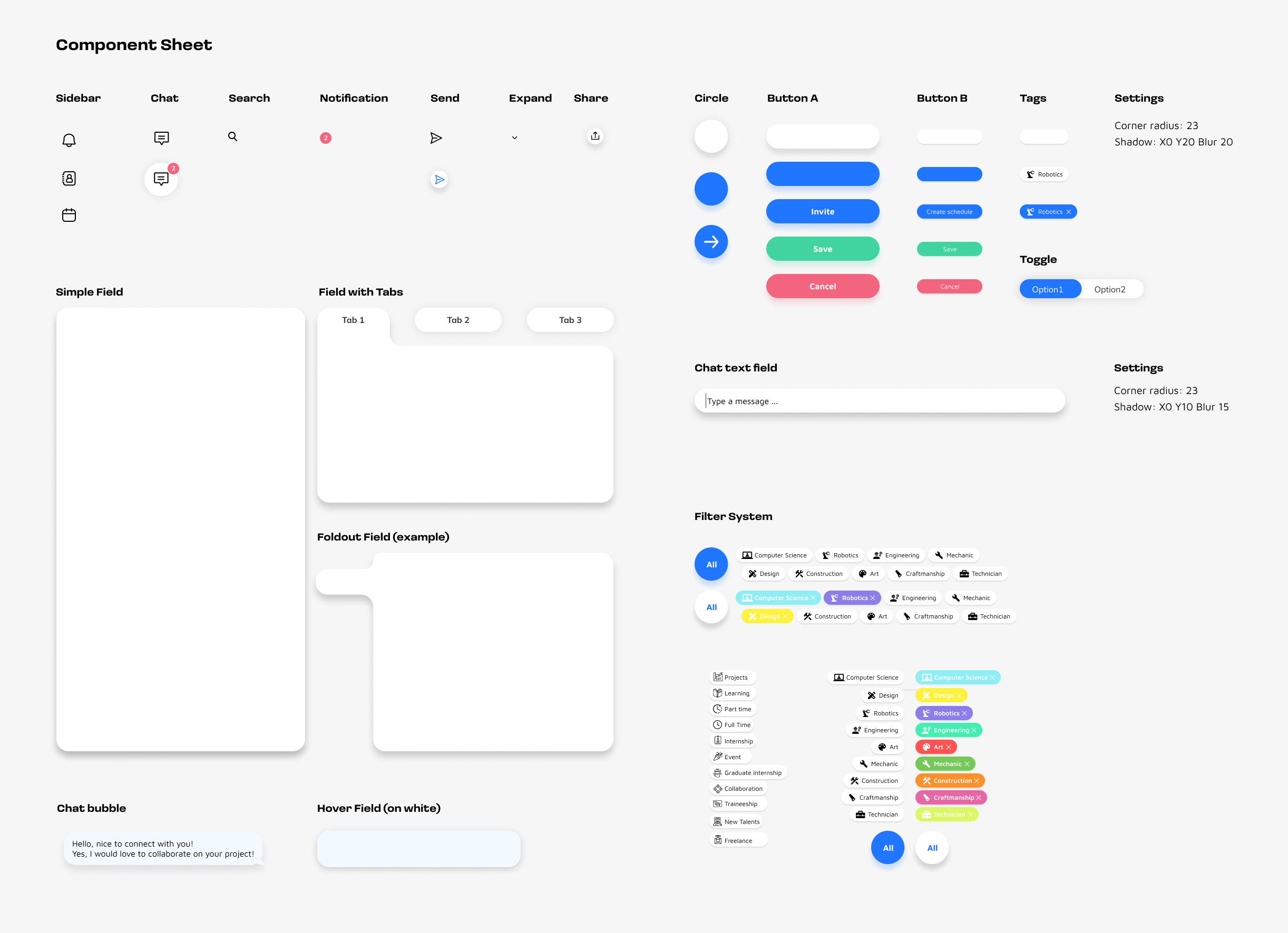 User interface component sheet showing various UI elements including sidebar icons, chat bubbles, search and notification icons, send and expand buttons, share icon, circular buttons, button styles for invite, save, cancel, tags, toggle switches, text input fields, tabs, foldout field, filter system with category tags, and settings details of corner radius and shadow effects.