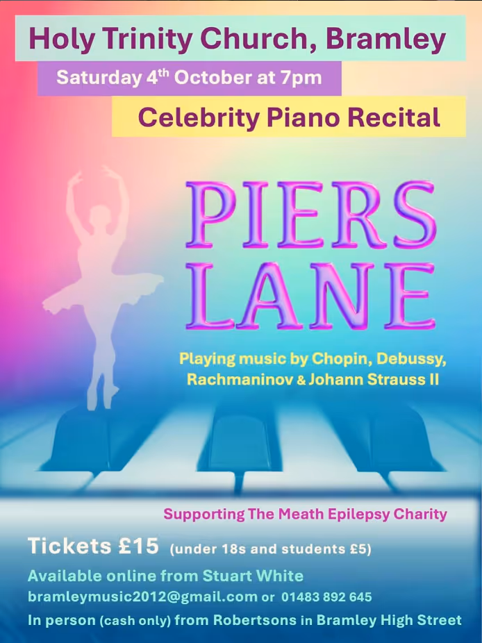Brightly coloured poster with a watermark of a piano and a ballerina