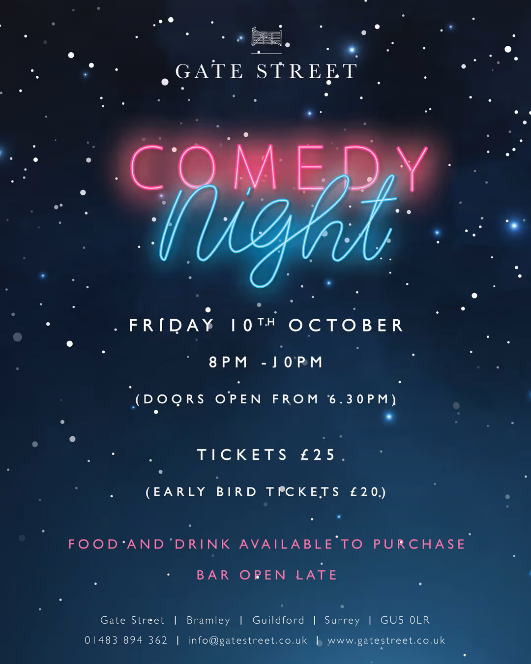 Front of a poster with white and neon coloured text on a starry night sky background