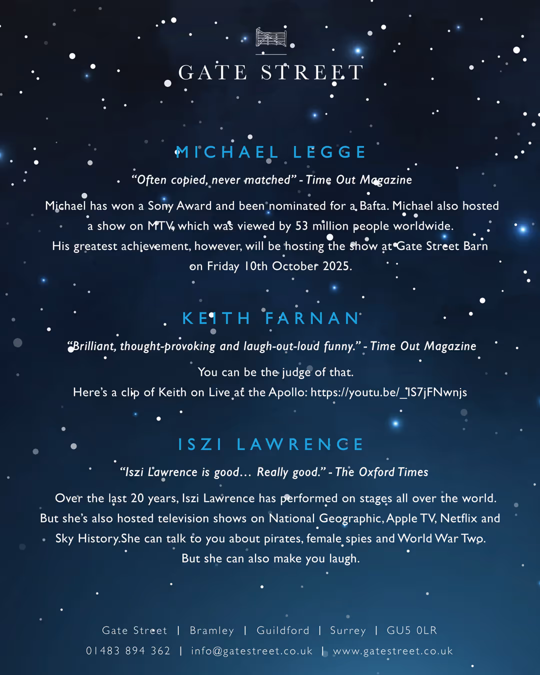 Back of a poster with white text on a starry night sky