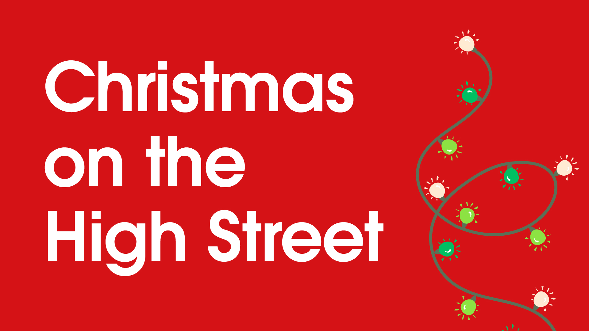 red poster with white text and a graphic of a Christmas tree/lights