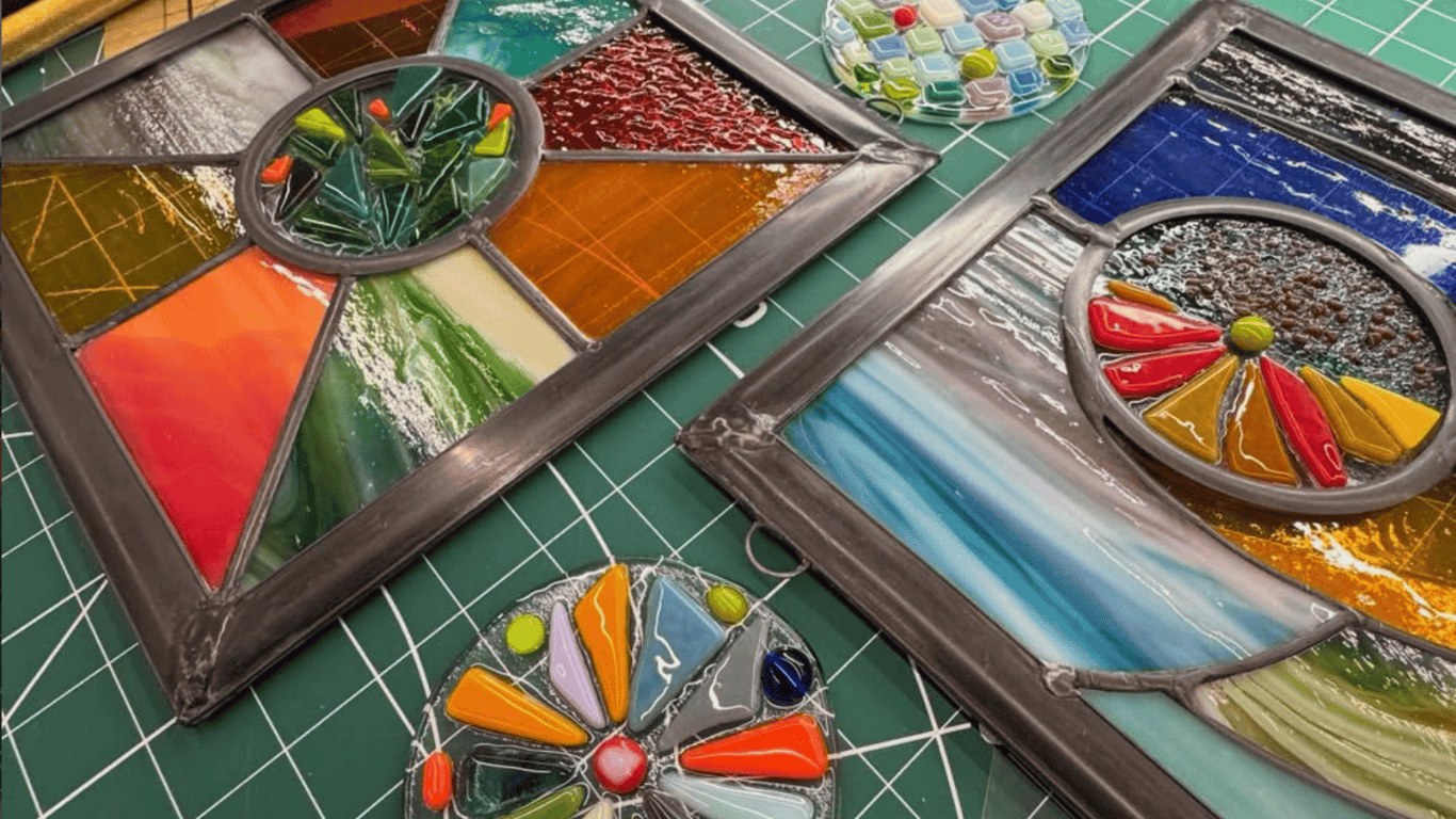 Workshop table with colourful glass art