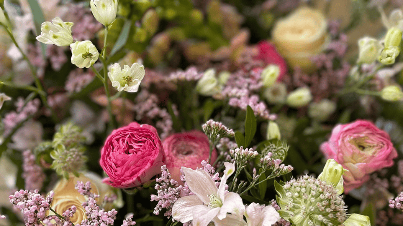 Close-up photo of pretty pink and white flowers with roses