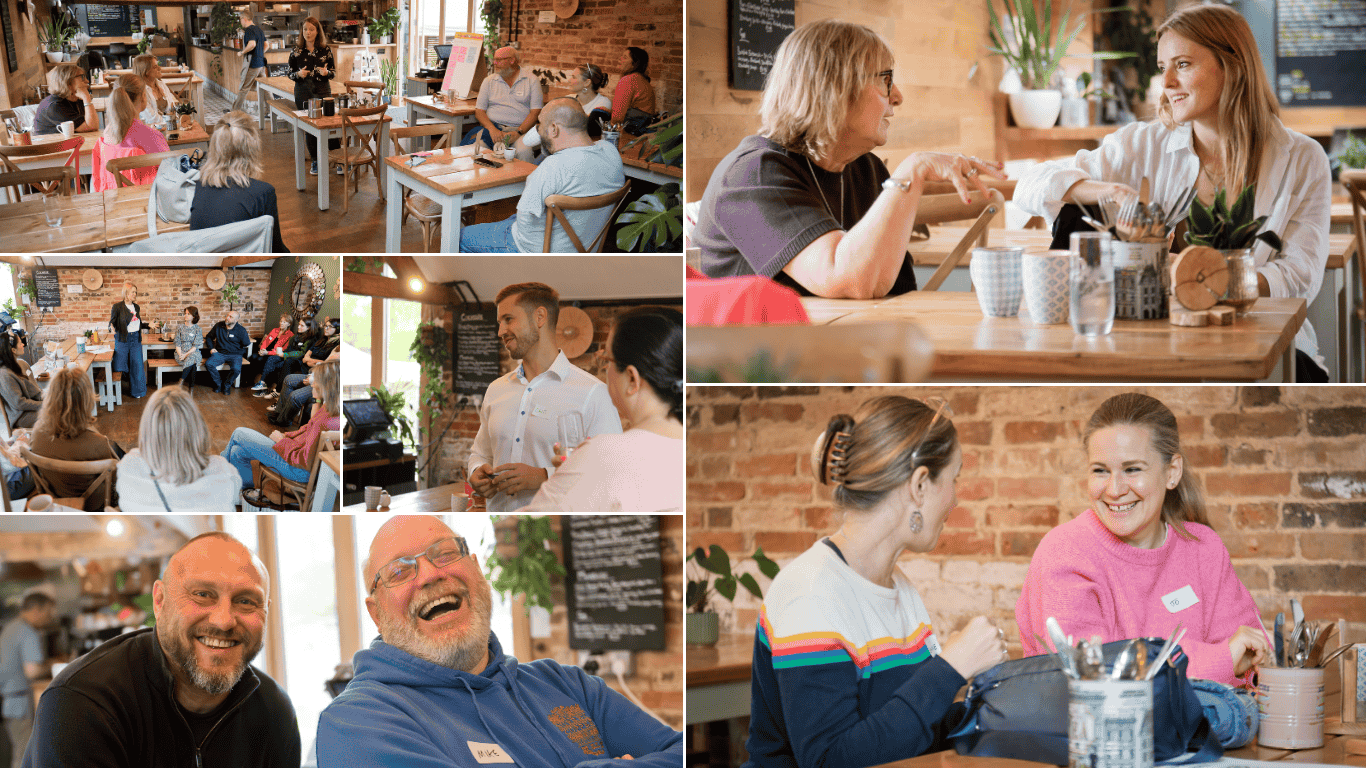 Photos of smiling faces and people talking at Meetings @ Maddings